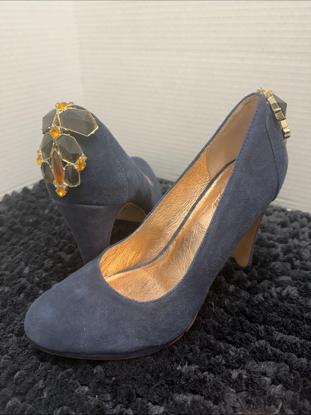 MISS ALBRIGHT Navy Suede Gem-Embellished Women's Pumps